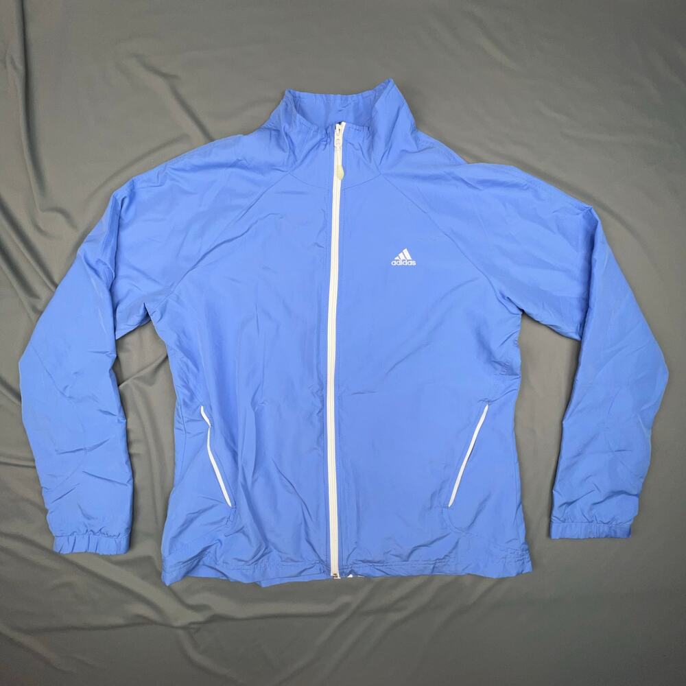 Adidas Women's Full Zip Running Jacket Large Blue Windbreaker 3 Stripes